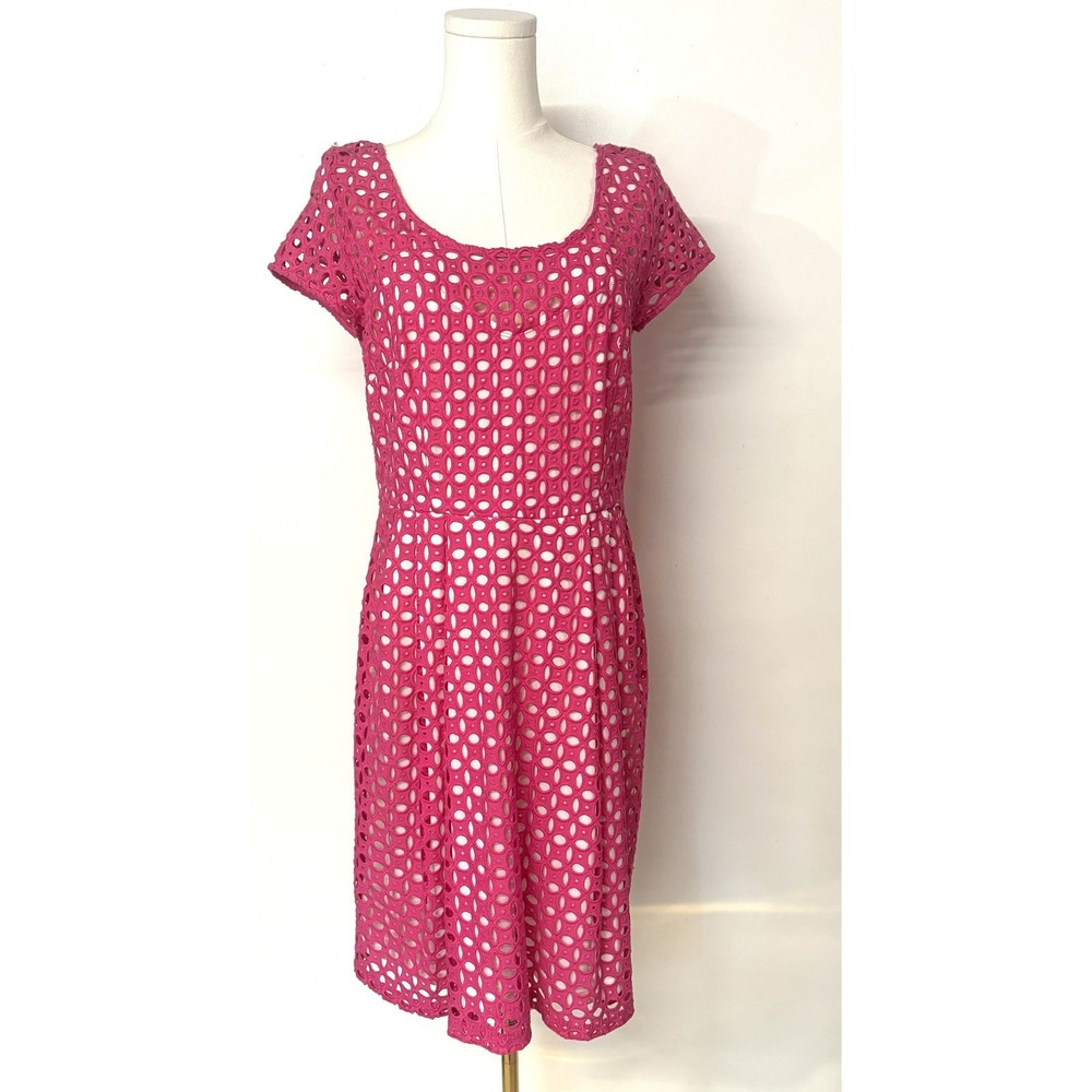 Betsey Johnson Hot Pink Eyelet Lace Fit Flare Dress Keyhole Back Size 10 - Picture 2 of 10